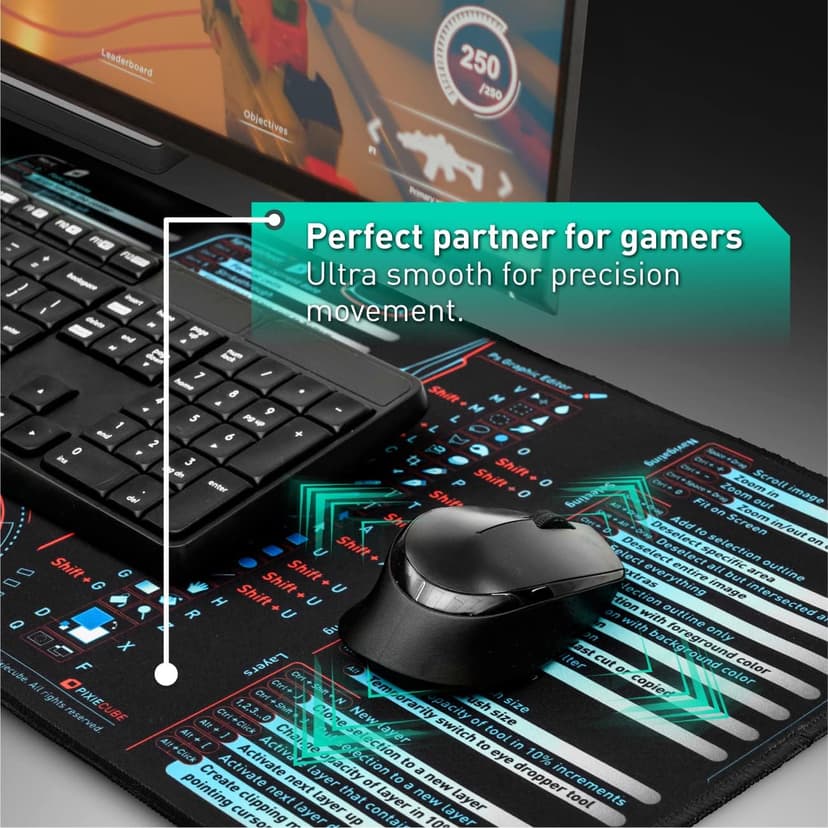 Pixiecube Windows, Office, Excel, Adobe Photoshop Shortcut Keys Extended Large Mouse Pad | Gaming Desk Mat for PC. Stitched Edge Non-Slip Base Mousepad, Keyboard Mat