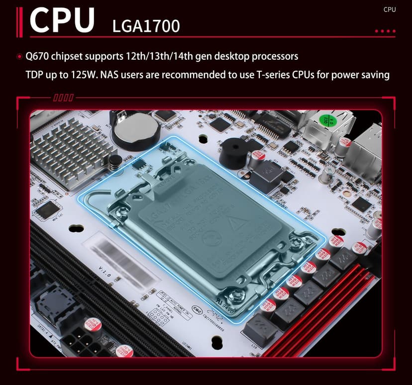 Q670 Pro 8-Bay Mini-ITX NAS Motherboard: LGA1700 for 12th/13th/14th Gen Intel CPUs, 8 SATA 3.0, 3 M.2 NVMe, 2.5G vPro NIC, Dual DDR5 Slots, USB3.2, Dual 4K@60Hz Display (Q670+ 2X SFF-8643)