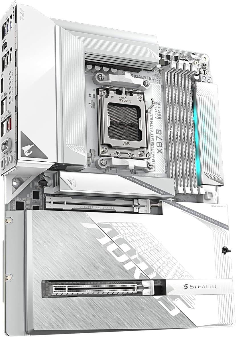 GIGABYTE X870 AORUS Stealth ICE AMD AM5 Motherboard, ATX, DDR5, 4X M.2, PCIe 5.0, 2xUSB-4,USB-C, WIFI7, 5GbE LAN, EZ-Latch