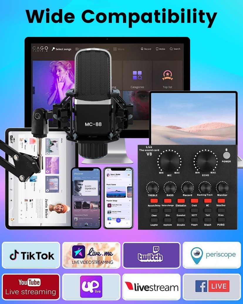 Podcast Equipment Bundle, All-in-One Audio Interface with Studio Condenser Microphone Perfect for Podcasting, Recording, Singing, Streaming and Gaming, PC, Smartphone, YouTube, TikTok (V8)