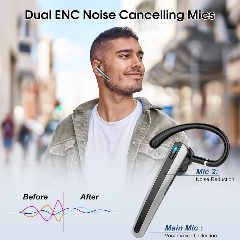 Bluetooth Headset V5.3, Wireless Headset with ENC Noise Canceling Mic, 120Hrs Talk Single-Ear Bluetooth Earpiece, LED Display, IP7 Waterproof Hand-Free Earphone for Business/Trucker/Driver
