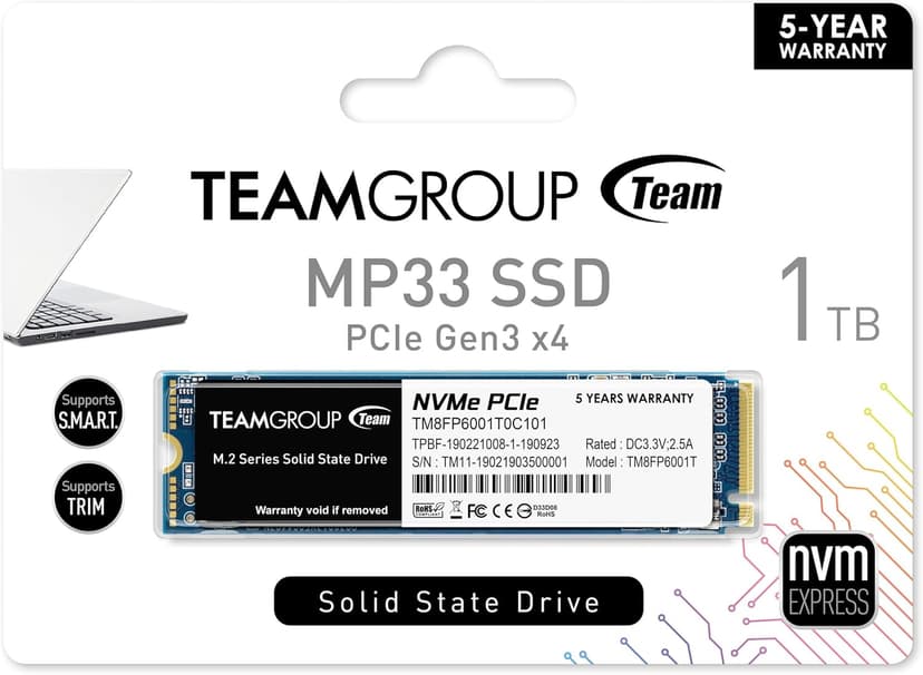 TEAMGROUP MP33 1TB SLC Cache 3D NAND TLC NVMe 1.3 PCIe Gen3x4 M.2 2280 Internal SSD R/W Speed up to 1800/1500 MB/s Laptop & PC Desktop TM8FP6001T0C101