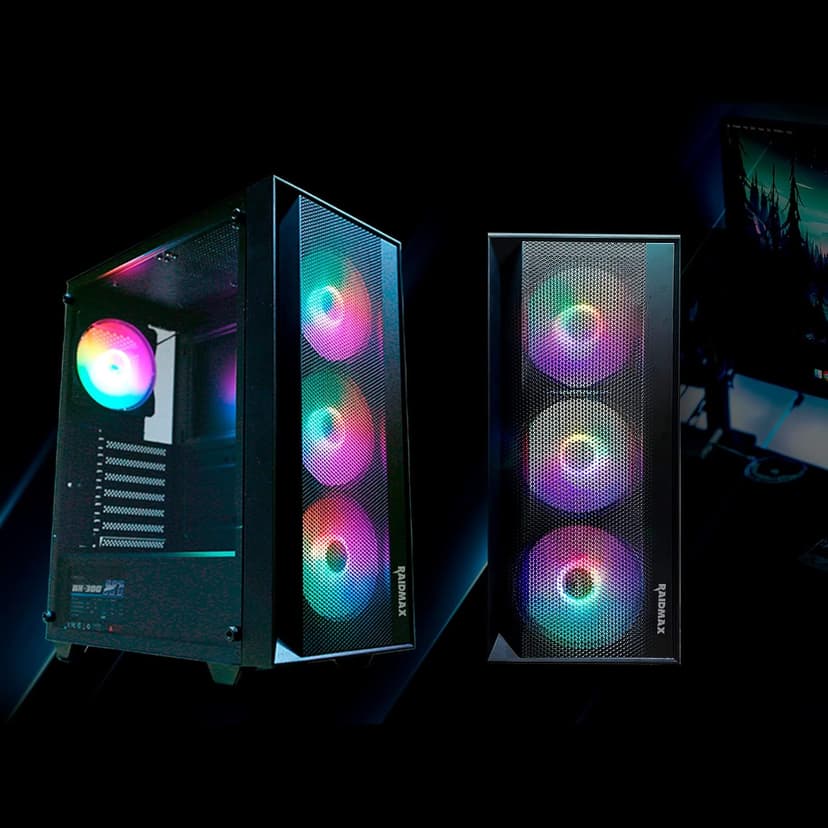 RAIDMAX V100 Gaming Case with 4 Pre-Installed Rainbow Fans, ATX Mid Tower Case, Gaming PC Black (V100TBS)