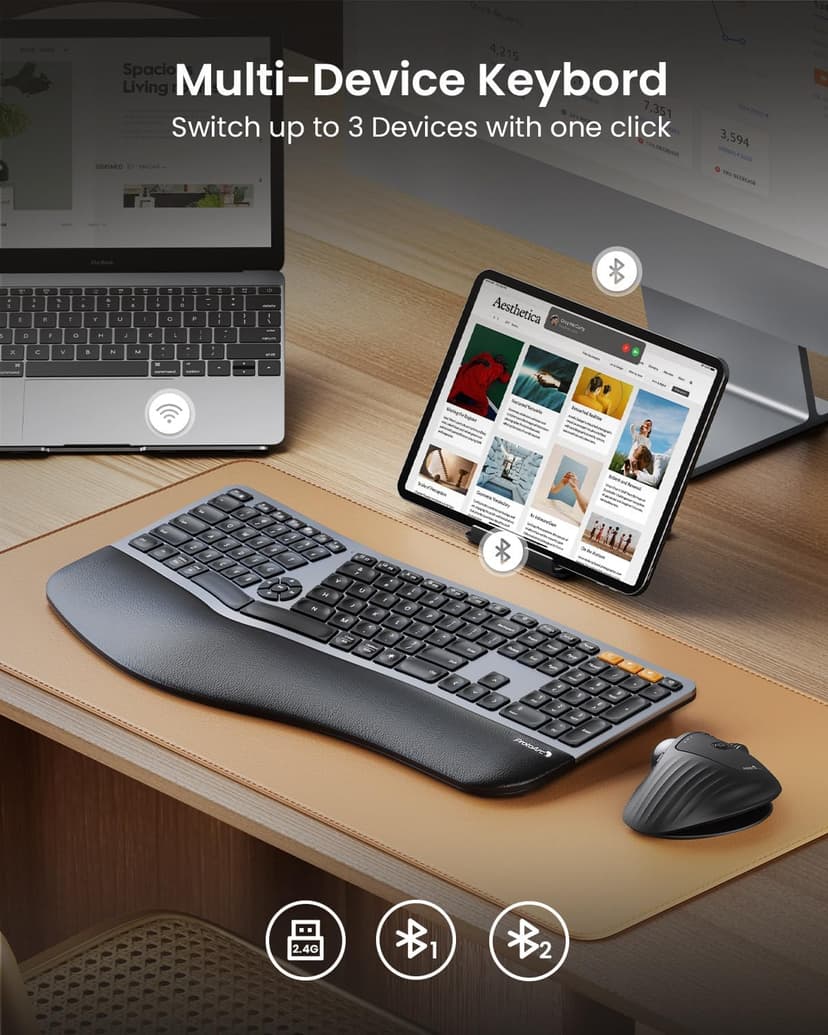 ProtoArc Backlit Bluetooth Ergonomic Keyboard, EK01 Plus Full Size Wireless Split Keyboard with Dual Bluetooth and USB, Cushioned Wrist Rest, Rechargeable, Compatible with Windows/Mac/Android, Grey