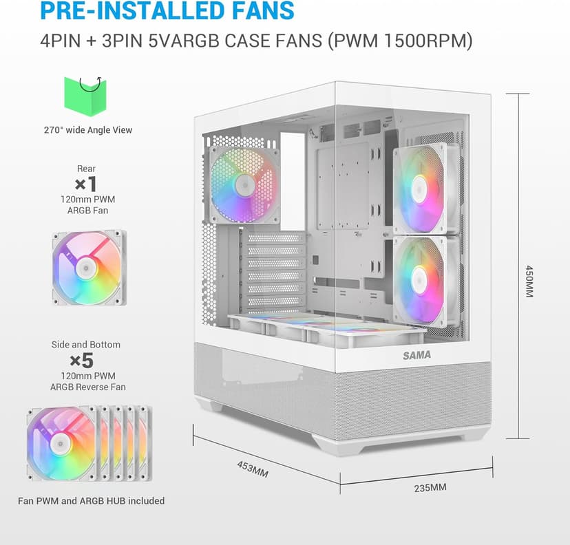 SAMA V40 Mid Tower ATX Case – 6 × 120mm ARGB PWM Fans Pre-Installed, Dual Tempered Glass Panels, Vertical Airflow, Dual-Chamber Design, USB 3.1 Type-C, 7 Slots, Supports ATX/MATX/ITX GPUs, White
