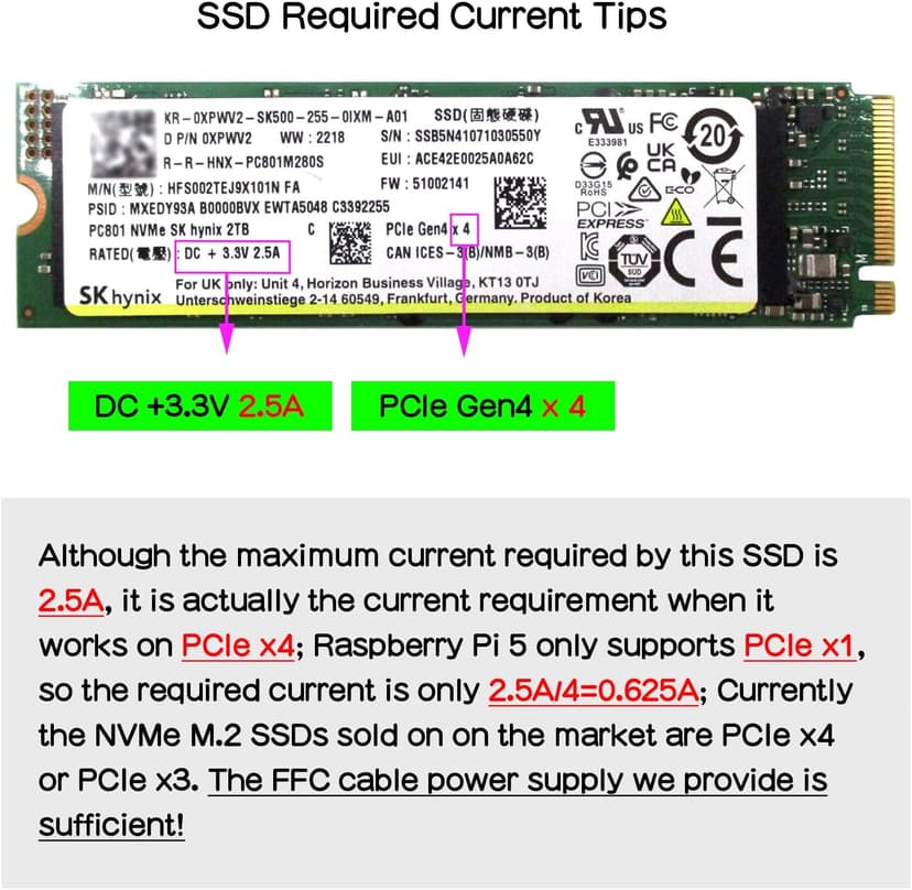 Geekworm X1001 PCIe to M.2 HAT Key-M NVMe SSD PIP PCIe Peripheral Board for Raspberry Pi 5 Support M.2 2230/2242/2260/2280 SSD