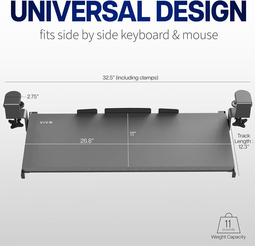 VIVO Large Keyboard Tray Under Desk Pull Out with Extra Sturdy C Clamp Mount System, 27 (33 Including Clamps) x 11 Inch Slide-Out Platform Computer Drawer for Typing, Black, MOUNT-KB05E