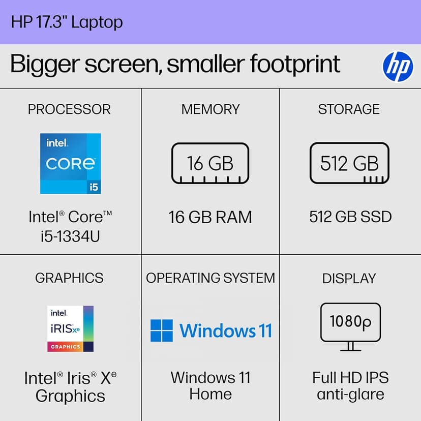 HP 17.3 inch Laptop, FHD Display, Intel Core i5-1334U, 16 GB RAM, 512 GB SSD, Intel Iris Xe Graphics, Windows 11 Home, Natural Silver, 17-cn3399nr