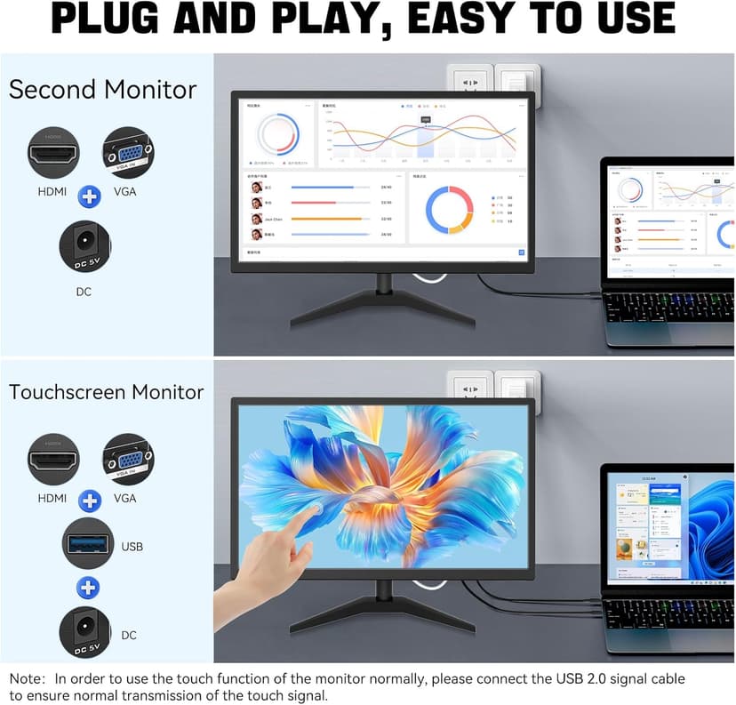 22" Touchscreen Monitor IPS FHD 1920x1080P PC Monitor, 10-Point Touch Screen Computer Display with HDMI VGA Ports, Built-in Speakers, VESA Wall Mountable, Black