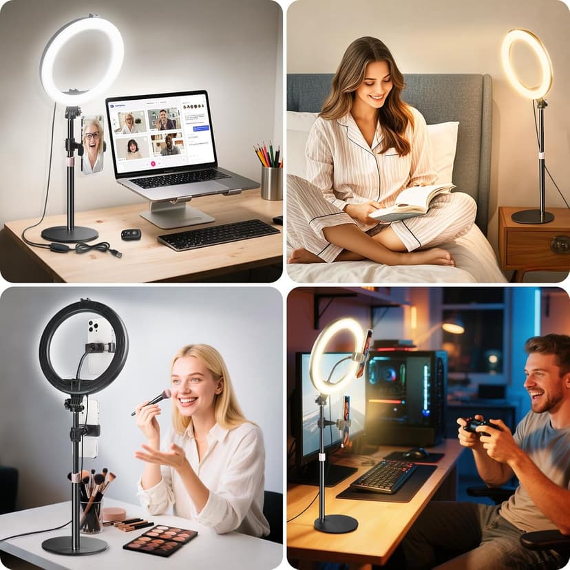 MACTREM 10“ Desk Ring Light with Stand, Desktop LED Circle Halo Light with Phone Holder for Computer Zoom Meeting, Laptop Light for Conference Video Calls, Live Streaming, Podcast, Selfie, Makeup
