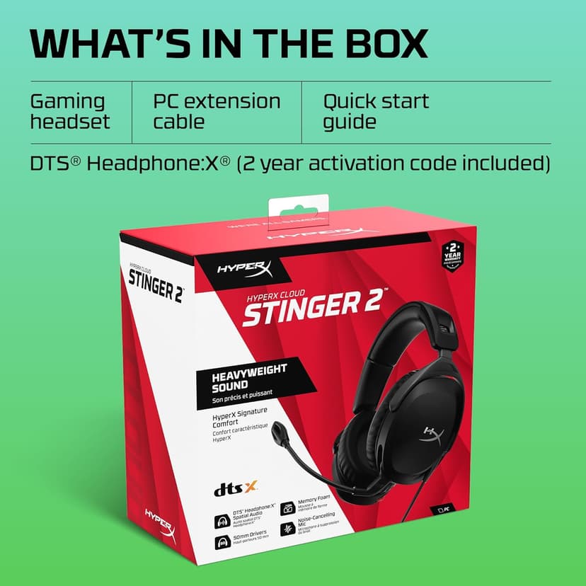 HyperX Cloud Stinger 2 – Gaming Headset, DTS Headphone:X Spatial Audio, Lightweight Over-Ear Headset with mic, Swivel-to-Mute Function, 50mm Drivers, PC Compatible, Black