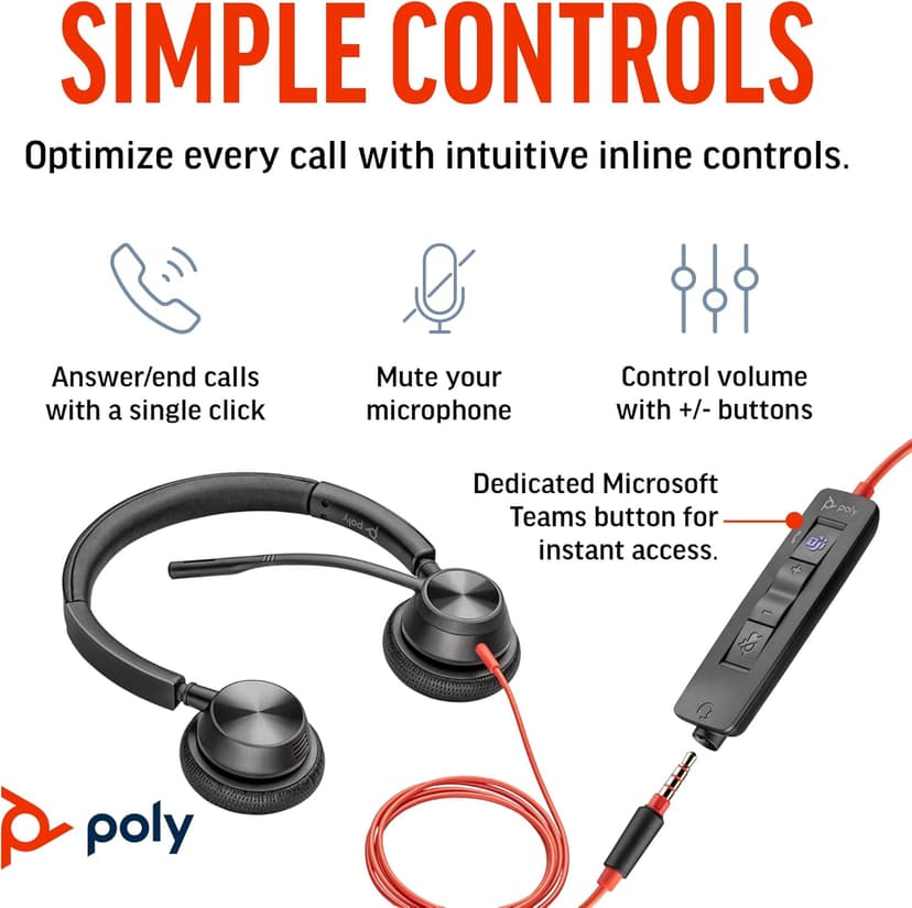 Poly Blackwire 3325 Wired Headset (Plantronics) – Flexible Microphone Boom – Hi-fi Stereo - PC/Mac/Mobile - Certified for Microsoft Teams - Amazon Exclusive