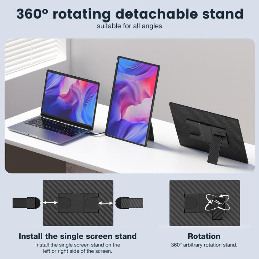 Portable Monitor, 16 Inch FHD 1200P, 360° Rotating Detachable Stand, Plug&Play Travel Monitor for Laptop, Ultra-Thin Zero Frame, Premium Smart Cover, Portable Screen for Laptop/PC/Mac