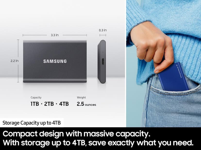 Samsung T7 Portable SSD, 1TB External Solid State Drive, Speeds Up to 1,050MB/s, USB 3.2 Gen 2, Reliable Storage for Gaming, Students, Professionals, MU-PC1T0T/AM, Gray