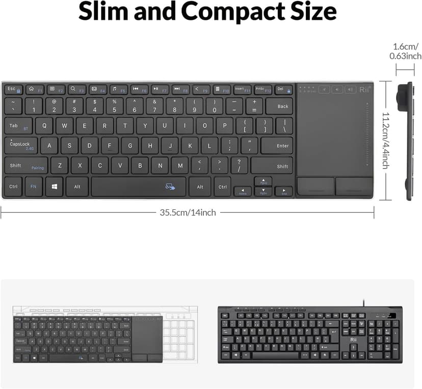Rii Wireless Bluetooth Keyboard,Multi Device Rechargeable Stainless Steel Ultra Slim Keyboard with Multi-Touch Touchpad,Compatible with PC, Mac, Laptop(2.4G+BT New)