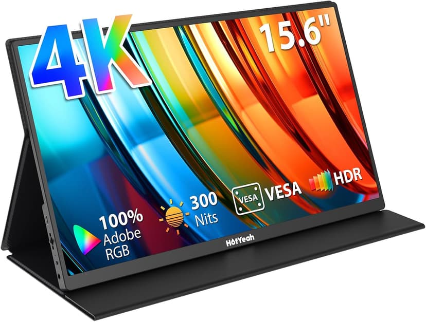 HotYeah Portable Monitor 4K, 15.6'' 3840x2160 UHD USB-C HDMI Laptop Monitor, 100% Adobe RGB HDR FreeSync External Computer Display, Travel 2nd Screen with Speakers & Smart Cover & VESA