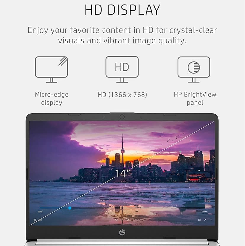 HP New 14" HD Ultral Light Thin Laptop, Quad-Core Intel Celeron Processor, 16GB RAM, 320GB (64GB eMMC+ 256GB Card), Wi-Fi, Upto 11 Hours, Windows 11 S + 1 Year Office 365+HubxcelAccessory, White