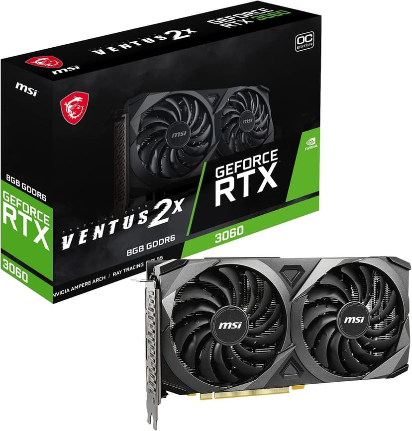 MSI Gaming GeForce RTX 3060 8GB GDRR6 128-Bit HDMI/DP PCIe 4 Torx Twin Fan Ampere OC Graphics Card (RTX 3060 Ventus 2X 8G OC) (Renewed)