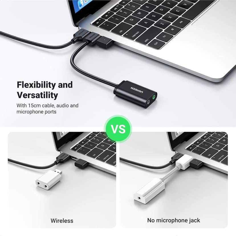 UGREEN USB to Audio Jack Sound Card Adapter with Dual TRS 3-Pole 3.5mm Headphone and Microphone USB to Aux 3.5mm External Audio Converter for Windows Mac Linux PC Laptops Desktops PS5 Switch 2