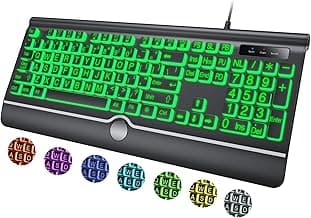 Large Print Backlit Computer Keyboard, 7-Color Backlit Keyboard with Wrist Rest, USB Plug-and-Play, Oversize Letters Keys Easy to See and Type, Wired Light Up Keyboards for Laptop, PC, Gaming