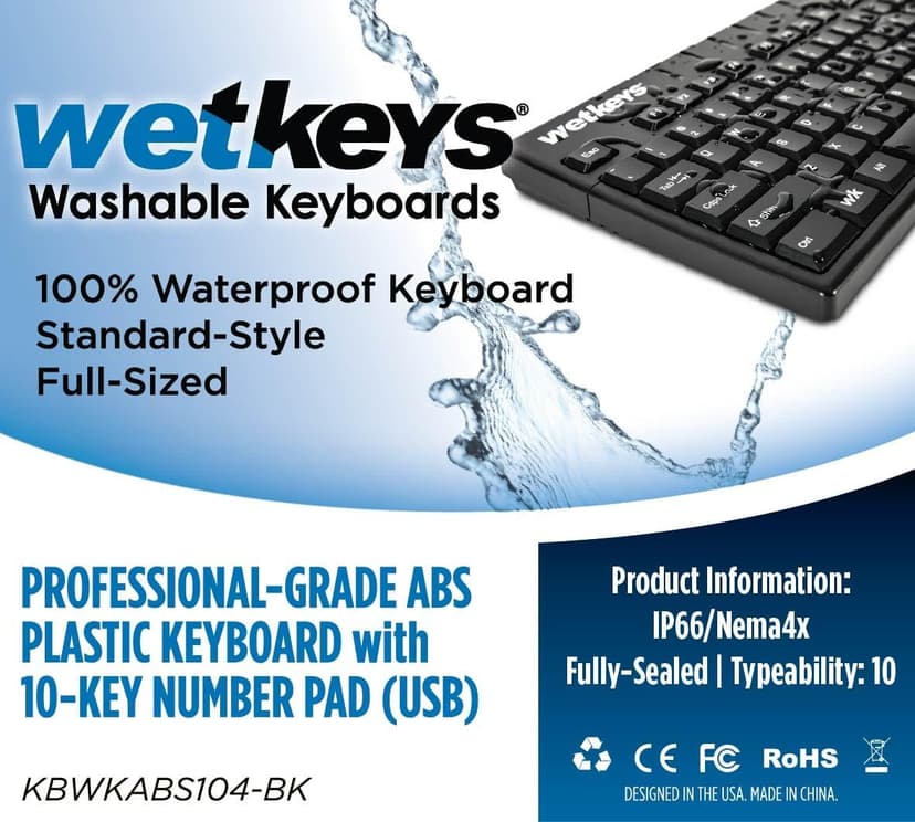 WetKeys Professional-Grade Full-Size ABS Plastic Washable Keyboard with 10-Key Number-pad (USB) (Black) | KBWKABS104-BK