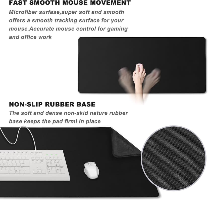 Large Mouse Pad, Desk Mat Office Desk Pad Gaming Mouse Pad with Stitched Edges, 31.5" x 15.7" Mousepad with Non-Slip Waterproof Rubber Base for PC Laptop Desk Home Office Accessories, Black