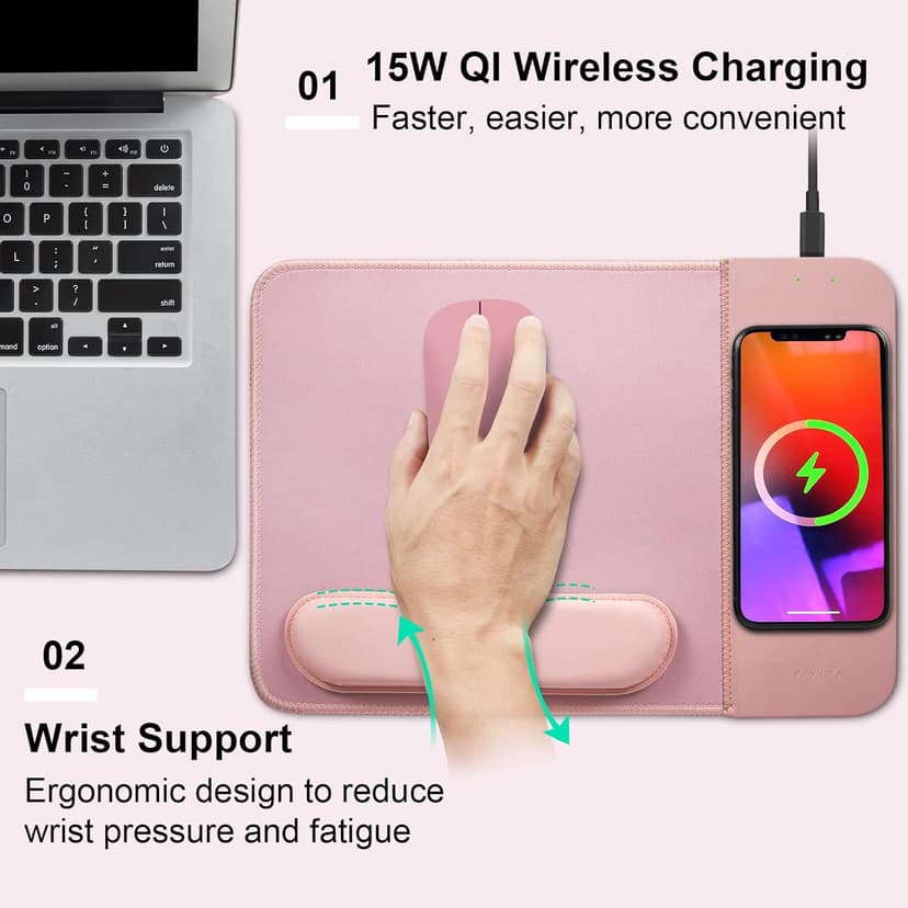 15W Wireless Charging Mouse Pad with Detachable Wrist Support and 20W Power Adapter, Fast QI Wireless Phone Charger Mouse Mat for iPhone 16/15/14/13/12/11/X and Samsung Multiple Devices (Pink)