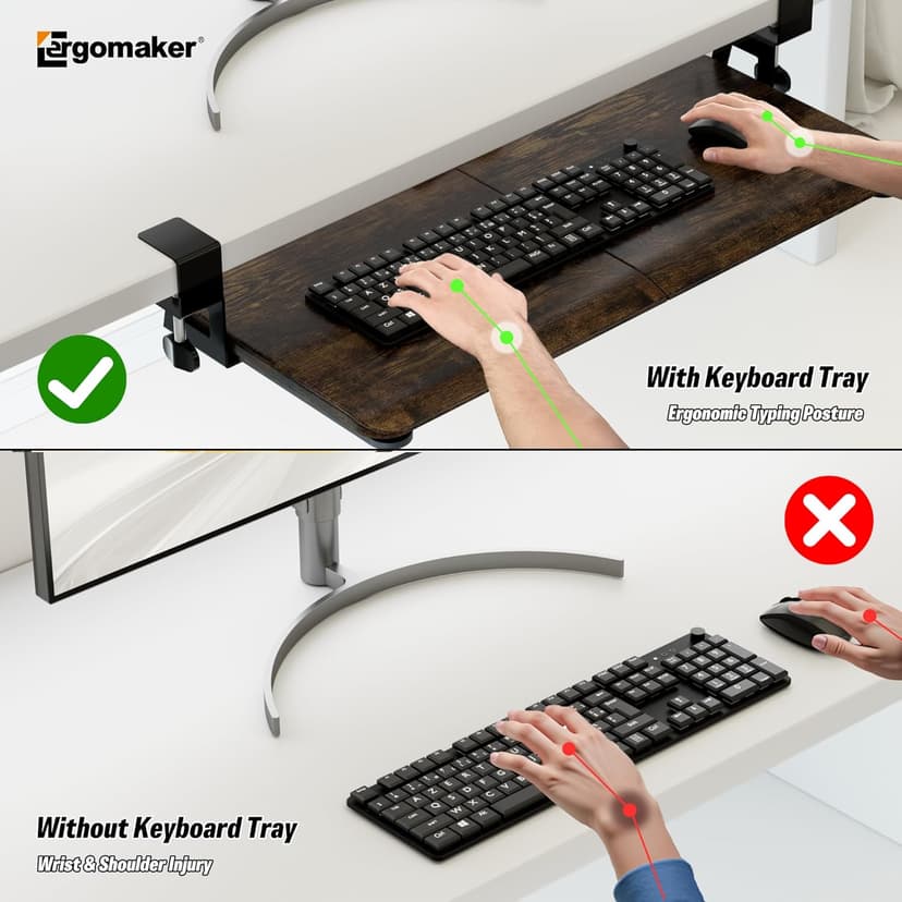 Keyboard Tray Under Desk, Pull Out Keyboard Tray with C Clamp Mount, 25.6" x 11.8" Slide-Out Platform Computer Drawer for Typing, Keyboard & Mouse Tray, Rustic Brown