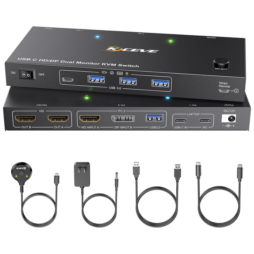 KVM Switch 2 Monitors 2 Computers USB C HDMI DP, KVM Switch Dual Monitor for Laptop & Desktop, USB 3.0 MST Dual HDMI 4K@60Hz, PD 60W for Laptop, with Wired Remote