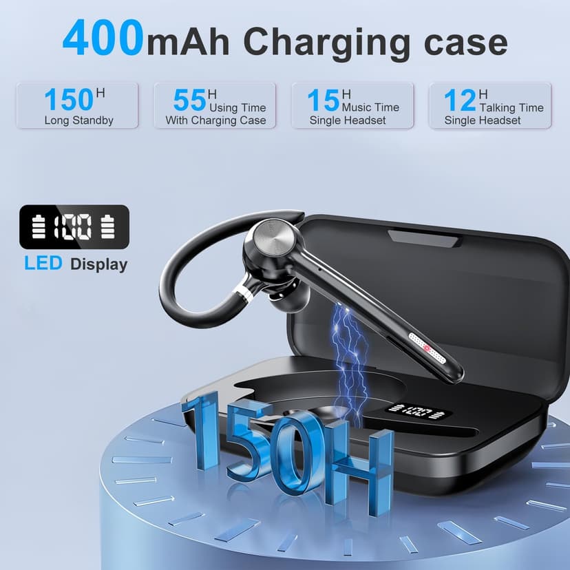 Bluetooth Headset, Wireless Bluetooth Earpiece With 400mAh Charging Case,150 Hours Talktime Hands Free Noise Canceling Headphones for iOS Android Cell Phone, Built-in Mic for Trucker, Office.