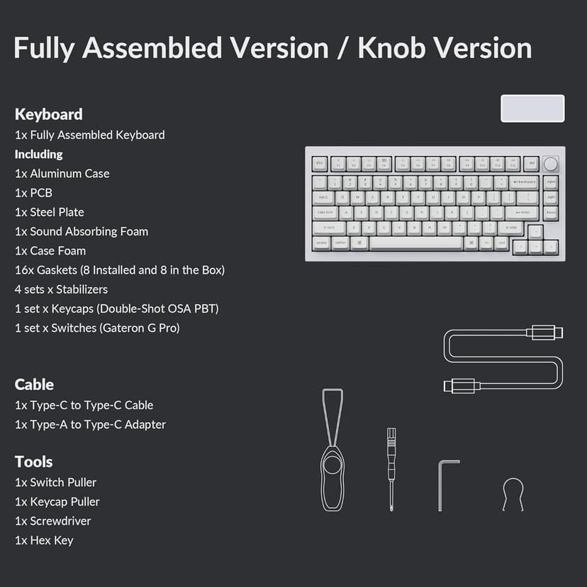 Keychron Q1 RGB Wired Custom Mechanical Keyboard, 75% Layout QMK/VIA Programmable Macro with Hot-swappable Gateron G Pro Brown Switch Double Gasket Compatible with Mac Windows Linux (White) -Version 2