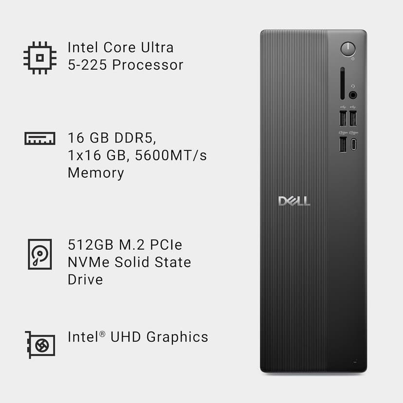 Dell Slim Desktop ECS1250 - Intel Core Ultra 5-225 Processor, Intel UHD Graphics, 16GB DDR5 5600MT/s Memory, 512GB M.2 SSD, 3.0 SD Card Reader, Wired Keyboard and Mouse, Basic Onsite Service