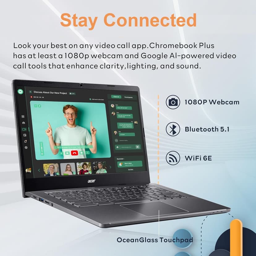 Acer Chromebook Plus 514 Laptop w/ Google AI (14" FHD Touchscreen, Intel 8-Core i3-N305, 8GB RAM, 640GB Storage, 2TB Cloud Storage) Business, Student, 11-Hr Long Battery Life, 1080p Webcam, Chrome OS