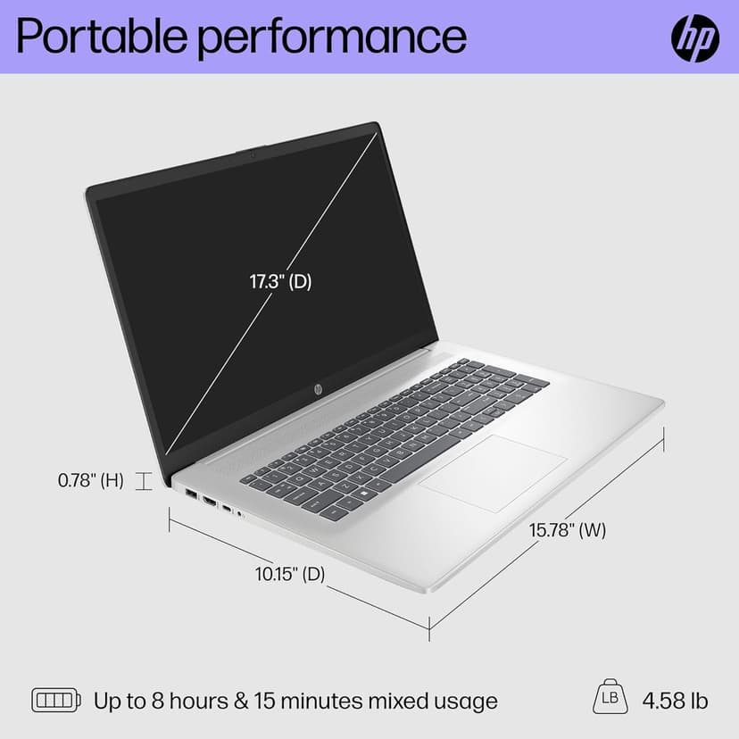 HP 17.3 inch Laptop, FHD Display, AMD Ryzen 5 7520U, 16 GB RAM, 512 GB SSD, AMD Radeon Graphics, Windows 11 Home, 17-cp2099nr (2024)