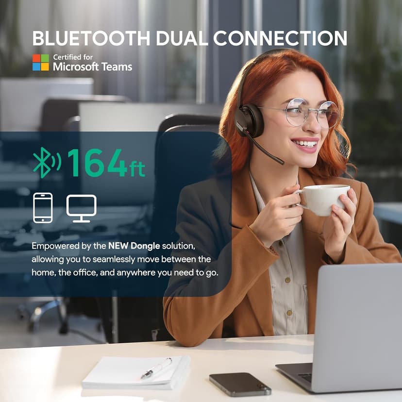 Yealink BH70 UC Wireless Bluetooth Headset with Microphone for Work, up to 35h Talking Battery, Teams UC Compatible Headsets for Computer Mobile, 147g Lightweight Headphone for Open Office 50m Range