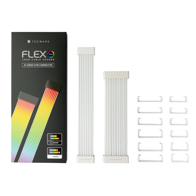 TECWARE Flex RGB, Cable Cover Kit, Light Up LED Strip Set for PSU Extensions, 5V 3 Pin ARGB Sync, Compatible with 8-Pin or 16-Pin GPU Cable, 24-Pin Motherboard Cable, White