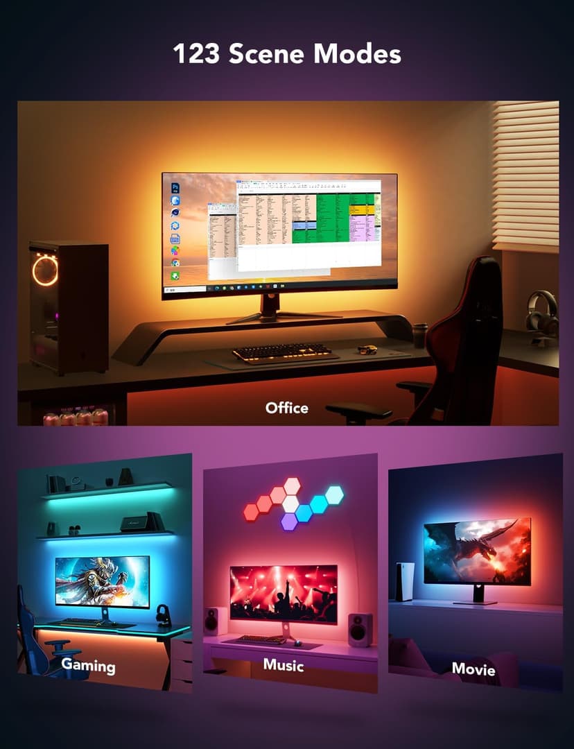 Govee Gaming Light for Monitor G1, RGBIC LED Backlight for 27-34 Inch PC, Smart LED Lights for Monitors with Color Matching, Adapts to Curved Monitors, Double Strip Light Beads with 123 Scene Modes