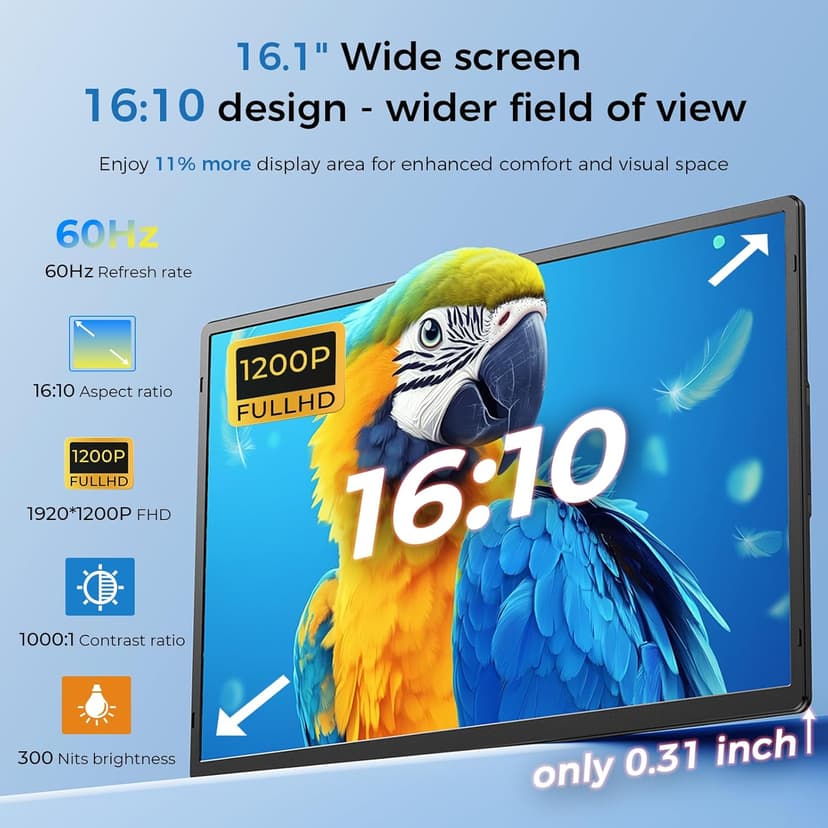 Laptop Screen Extender 16.1", 1200P FHD, Portable Monitor 360° Rotating Detachable Stand, Height Adjustable Laptop Monitor Extender for Laptop 13-17.5", Plug-Play for Mac/OS/Wins/Chrome/Dex