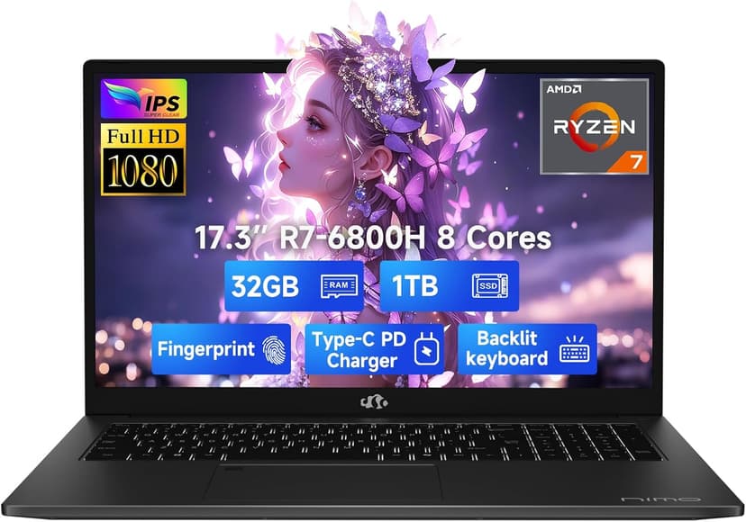 NIMO 17.3" IPS FHD-Gaming-Laptop, 8 Cores AMD Ryzen 7 6800H 32GB DDR5 RAM 1TB SSD (Beat Intel i7-12700H, Up to 4.7GHz) AMD Radeon 680M GPU-Computer with 100W Type-C Backlit Keyboard, Fingerprint