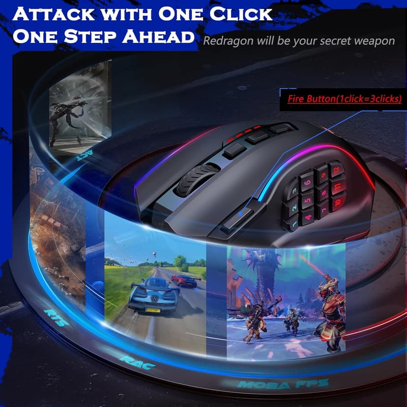 Redragon Gaming Mouse, MMO Mouse Gaming UP 12400 DPI, 19 Macro Programmable Buttons, RGB Mouse with 12 Side Buttons, 8 * 2.4g Weight Tuning for PC Laptop MOBA FPS, M901K, Black