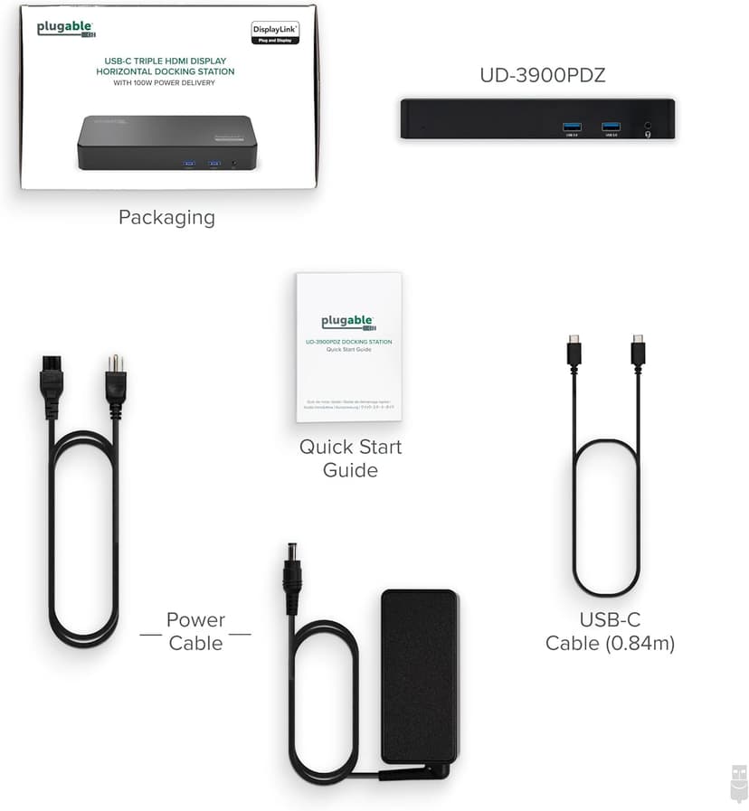 Plugable USB C Triple Display Docking Station with Laptop Charging, for Thunderbolt, USB4, or USB-C Systems, Compatible with Windows, macOS, ChromeOS laptops (3X HDMI, 6X USB 5Gbps Ports, 100W PD)