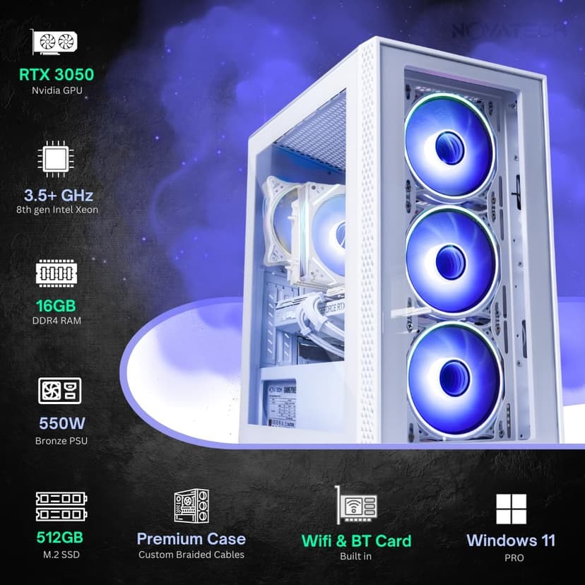 NOVATECH Phantom - Prebuilt Gaming PC Desktop Computer - RTX 3050 - Intel i7 Xeon 3.5GHz - 16GB RAM - 512GB M.2 SSD WiFi/BT, Win 11 Pro - Gaming Computer Tower, Pre Built PC Gaming - 1 Year Warranty