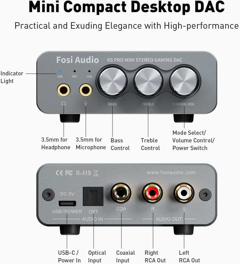 Fosi Audio K5 Pro Gaming DAC Headphone Amplifier Mini Hi-Fi Stereo Digital-to-Analog Audio Converter USB Type C/Optical/Coaxial to RCA/3.5MM AUX for PS5/PC/MAC/Computer