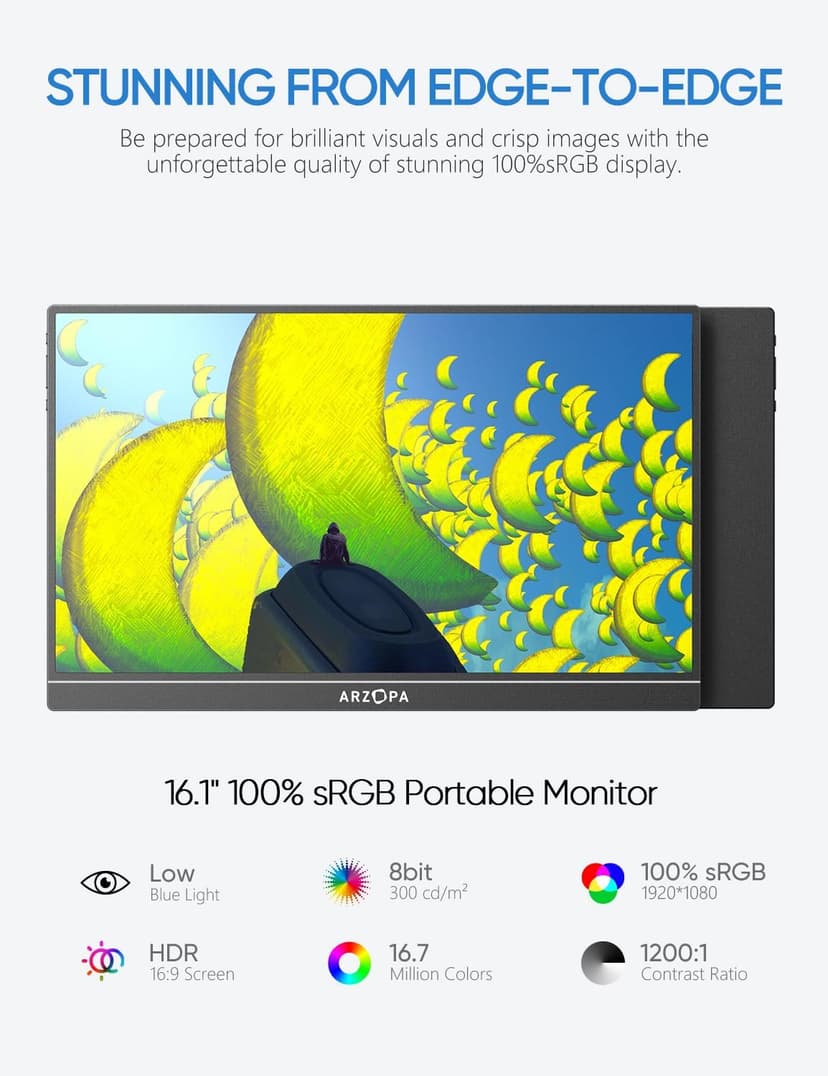 ARZOPA 16.1" Portable Monitor, 100% sRGB FHD 1080P Kickstand Portable Laptop Monitor High Color Gamut Display IPS Eye Care Screen for High-end Office & Entertainment -Z1C