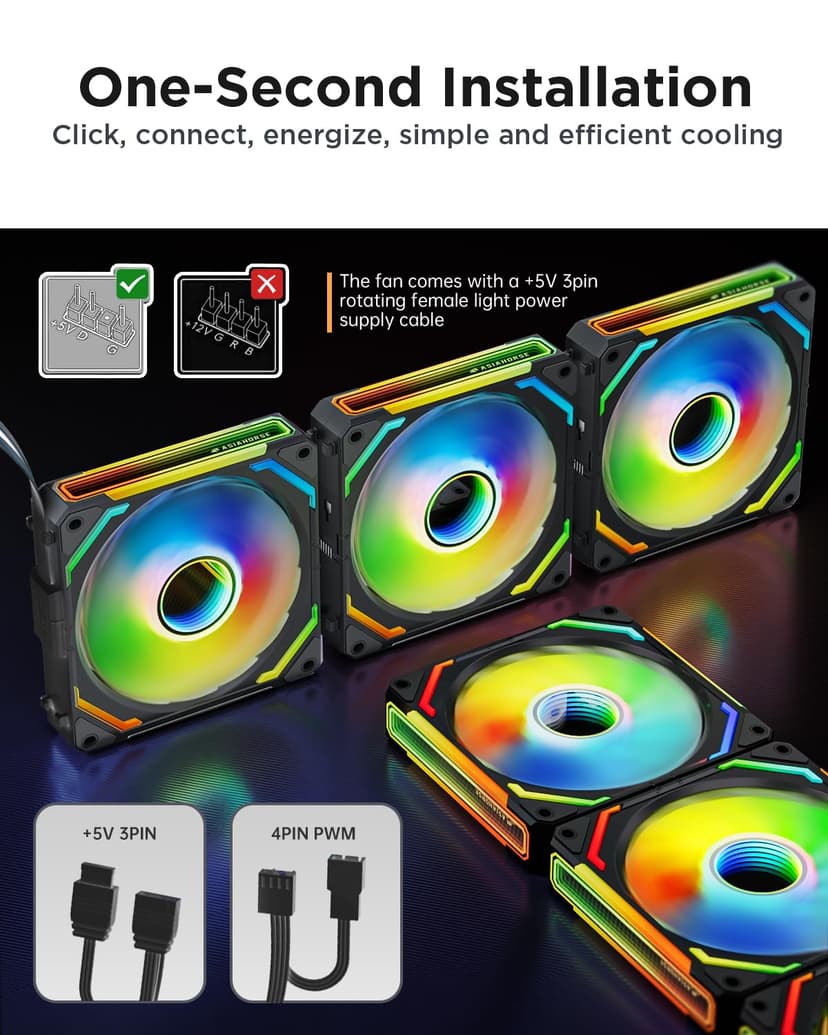 AsiaHorse COSMIQ 120mm PC RGB Fans Computer Case Fans, 5V 3-PIN Connector Daisy Chain PWM Cooling with Controller for Cases CPU Liquid Coolers (Black COSMIQ Forward, Black-3)