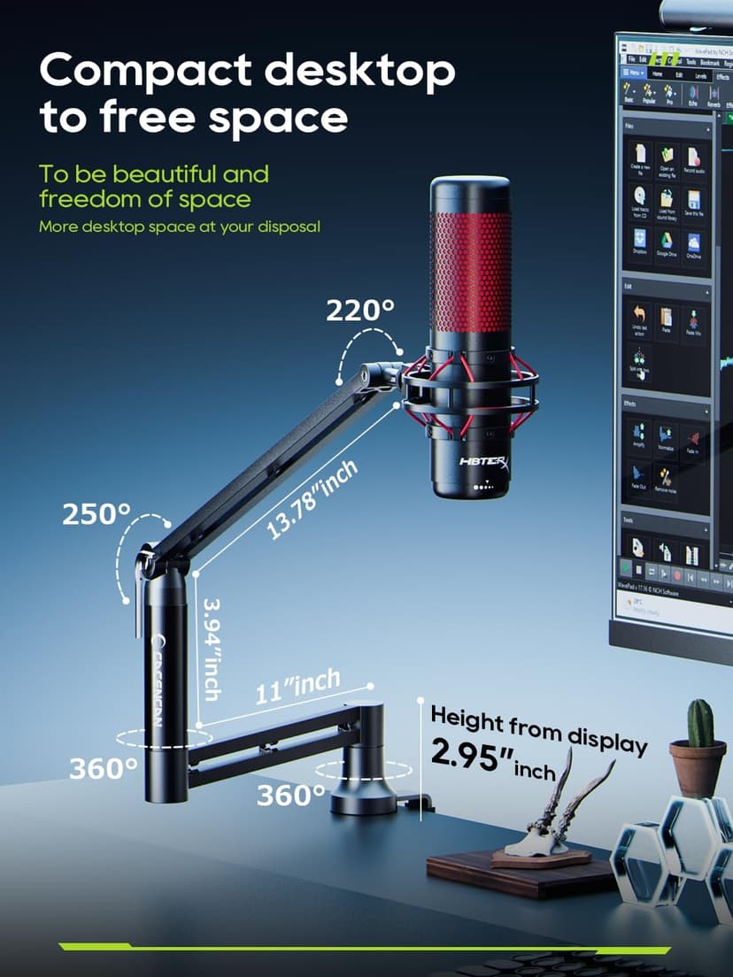 M05 Boom Arm, 360° Rotatable Microphone Stand with Desk Mount, Foldable Desk Mic Arm with 3/8'' to 5/8'' Screw Adapter, Microphone Arm for Live Streaming, Gaming, Podcasting, Radio