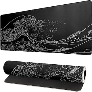 Japanese Sea Wave Large Mouse Pad, Anime Black Gaming, Extended Kanagawa Mat Desk Pad, 3mm Thick Long Non-Slip Rubber Base Mice Pad, 31.5 X 11.8 Inch