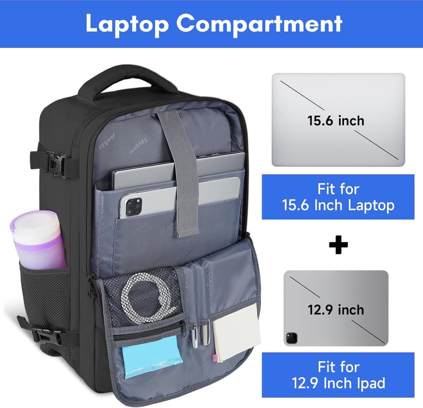 Taygeer Travel Laptop Backpack for Men Women, Airplane Approved Travel Backpack Suitcase with Usb Charging Port, Lightweight College 35l Luggage Bag 15.6inch Laptop Mochila Gifts for Business,Black