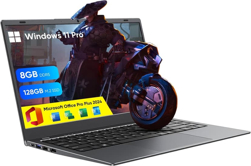 Laptop, 14 Inch HD Laptop Computer with MS Office 2024 Pro Plus, 8GB RAM 128GB SSD, Quad Core N5095 Processor Win-11 Laptops, Long Lasting Battery, Dual-Band WiFi 5, BT, USB 3.0, Webcam