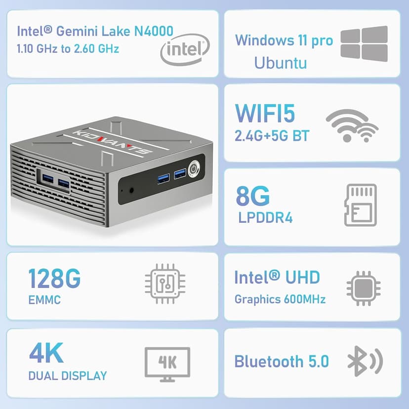 KG1 Mini PC N4000(up to 2.6GHz), Mini Computer 8GB LPDDR4 RAM/128GB eMMC, Mini Desktop Computer Support 4K Dual Display, WiFi 5, BT 5.0, and USB 3.0 (Grey)